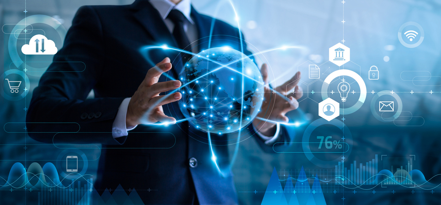 Businessman holding global data network and analyzing sales data and economic growth. Technology and business strategy. Digital marketing on interface hologram screen. 3 1